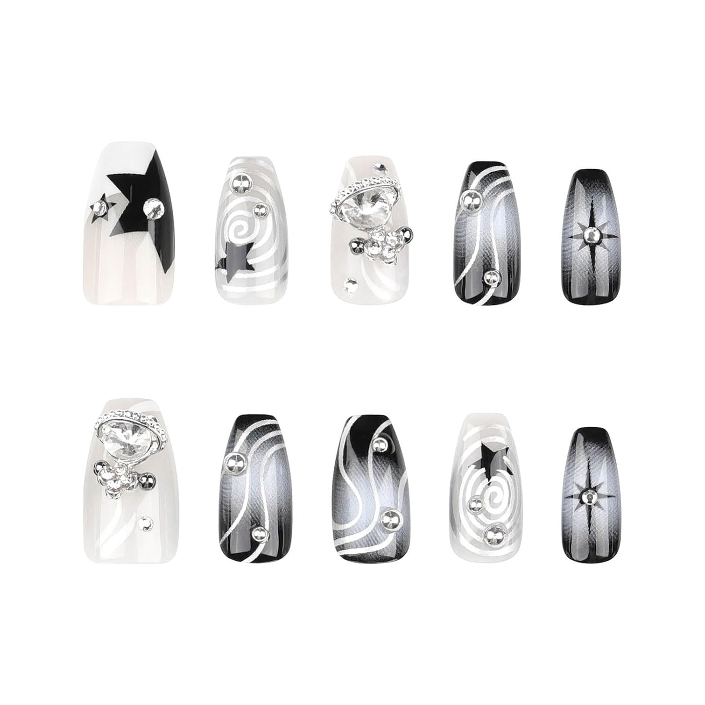 Medium Coffin Press-On Nails - Black Gradient Acrylic with Y2K Planet Flash Diamond Design, Stick-On Fake Nails for Women