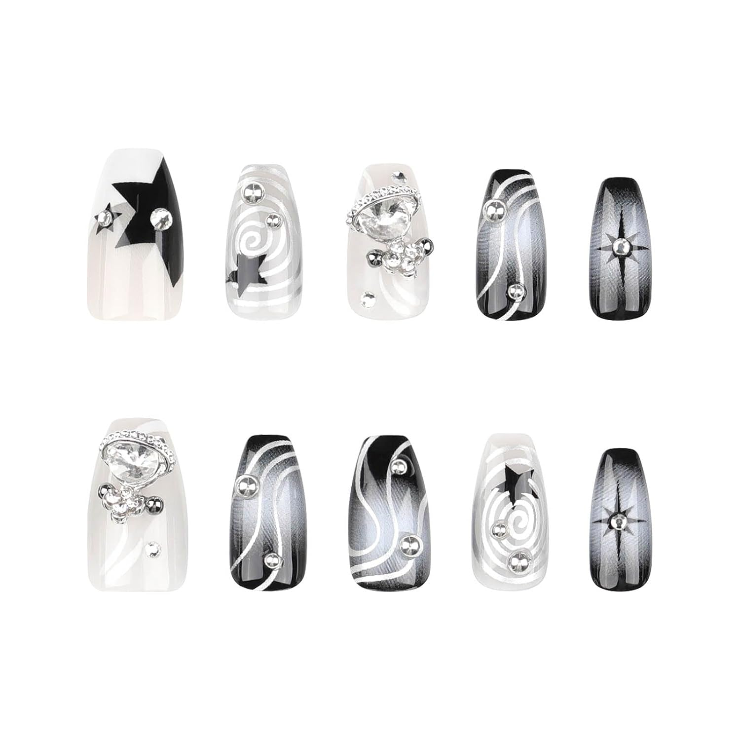 Medium Coffin Press-On Nails - Black Gradient Acrylic with Y2K Planet Flash Diamond Design, Stick-On Fake Nails for Women