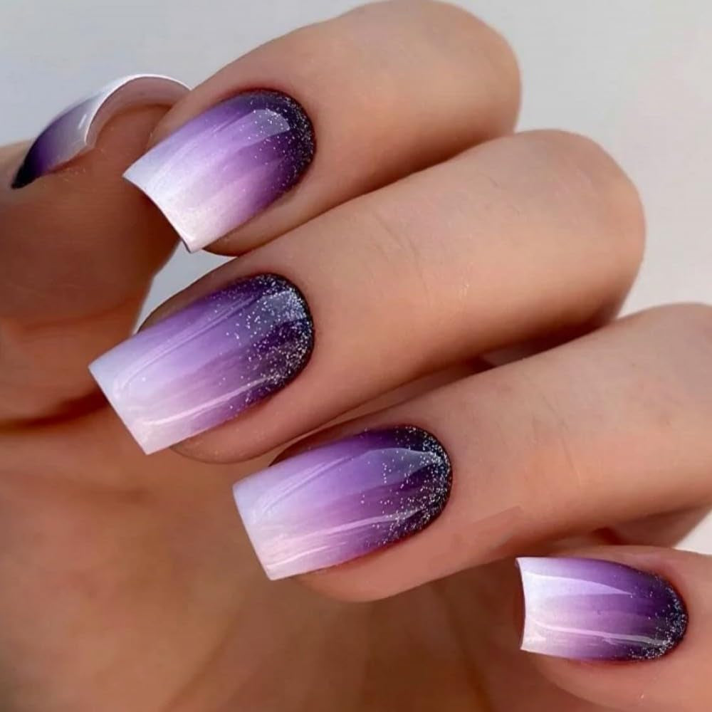 Square Press-On Nails with Purple Gradient Glitter - 24 Glossy Acrylic Nails for Women and Girls