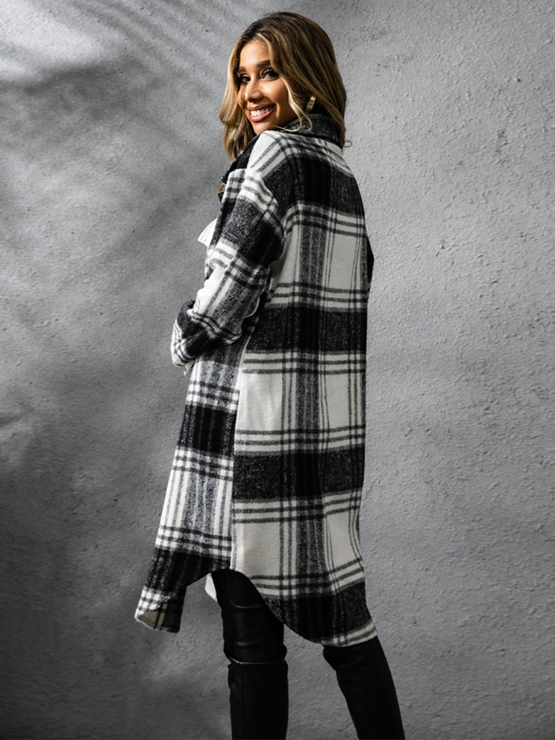 Collared Long Sleeve Coat - Plaid