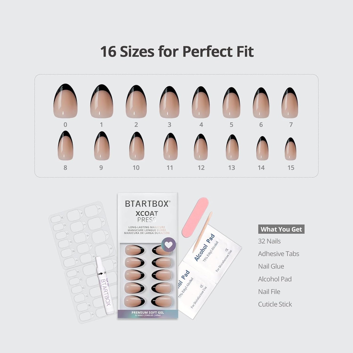 Short Black French Press-On Nails - Almond Kit with Glue and Adhesive Tabs, 32PCS in 16 Sizes