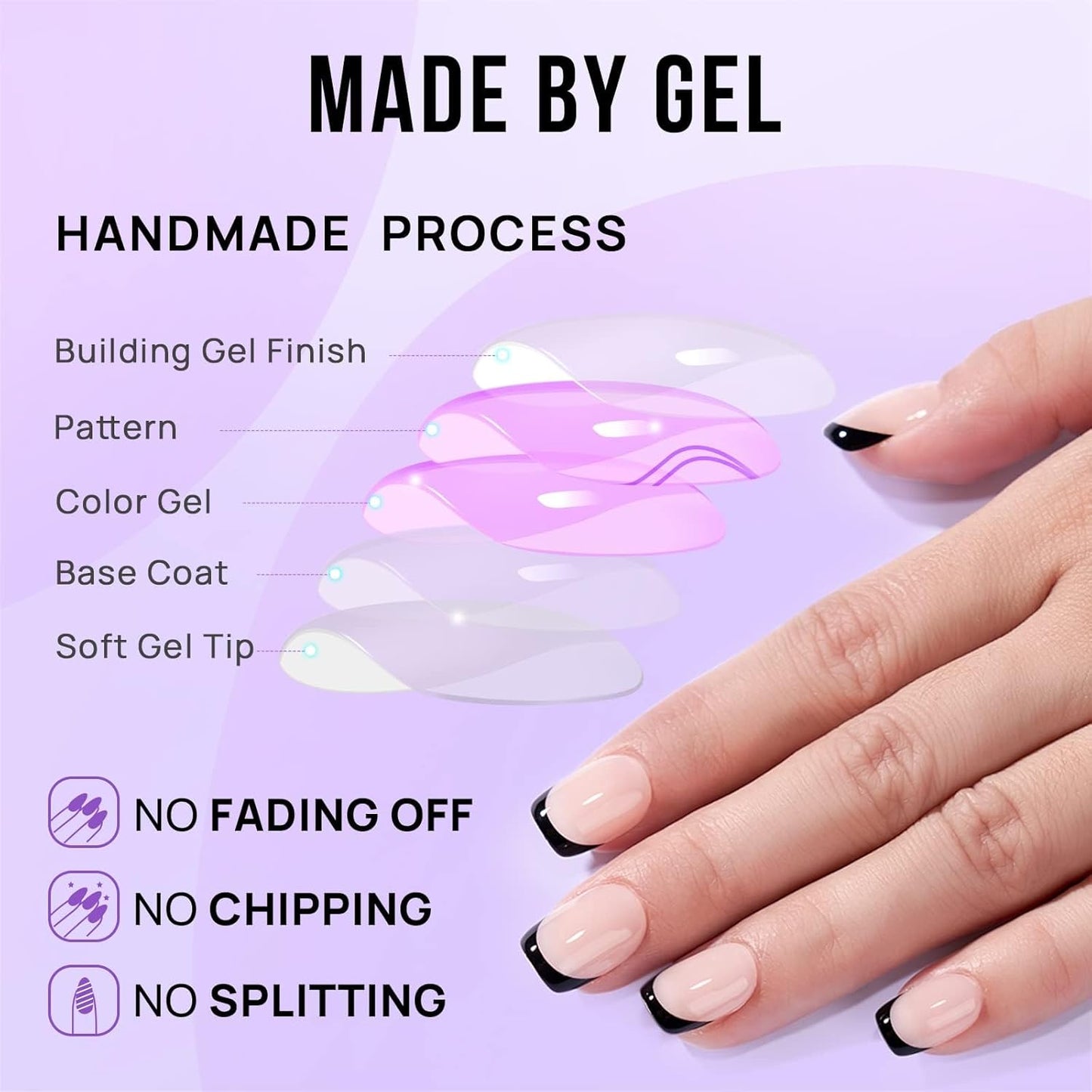 French Tip Press-On Jelly Square Nails - 32PCS Reusable Soft Gel Kit in 16 Sizes with Nail Glue, Classic Black