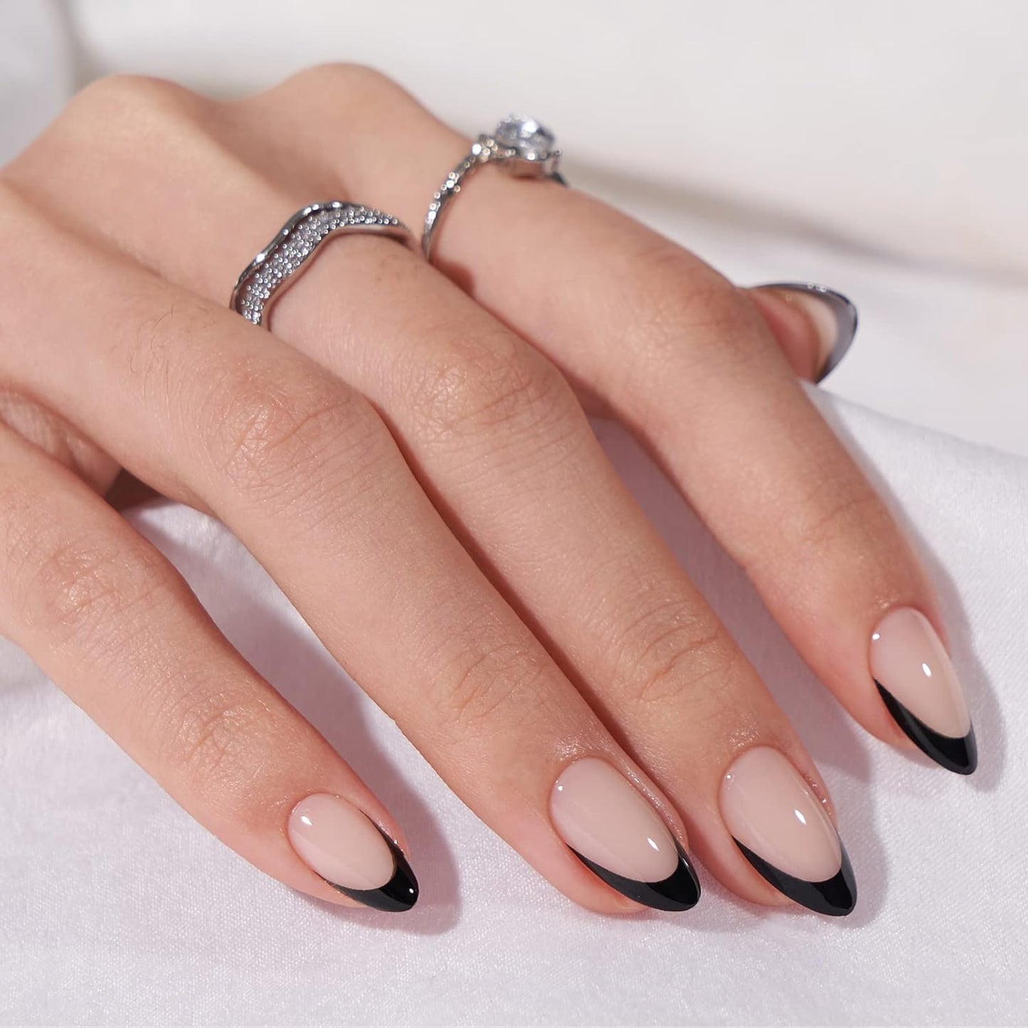 Short Black French Press-On Nails - Almond Kit with Glue and Adhesive Tabs, 32PCS in 16 Sizes