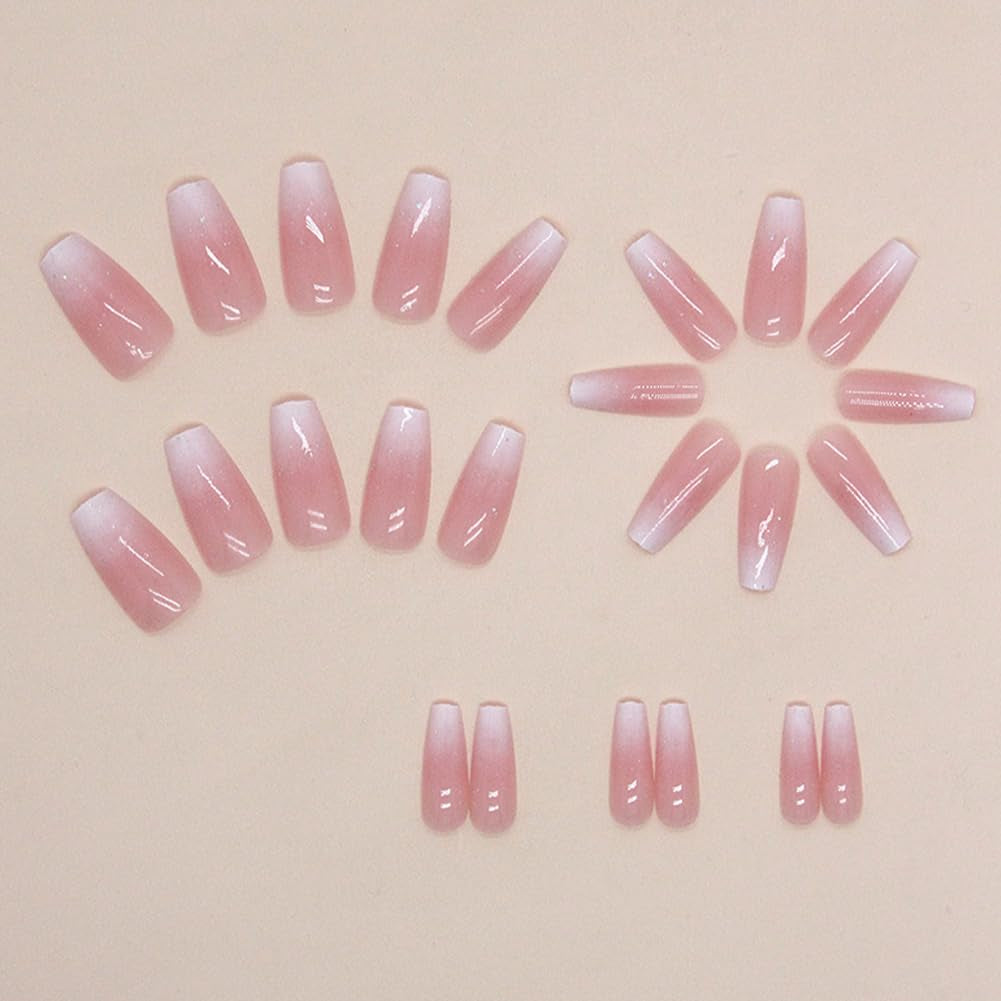 Long Square Press-On Nails - Pink Ombre Coffin Fake Nails with Glossy Glitter Powder, 24PCS for Women and Girls