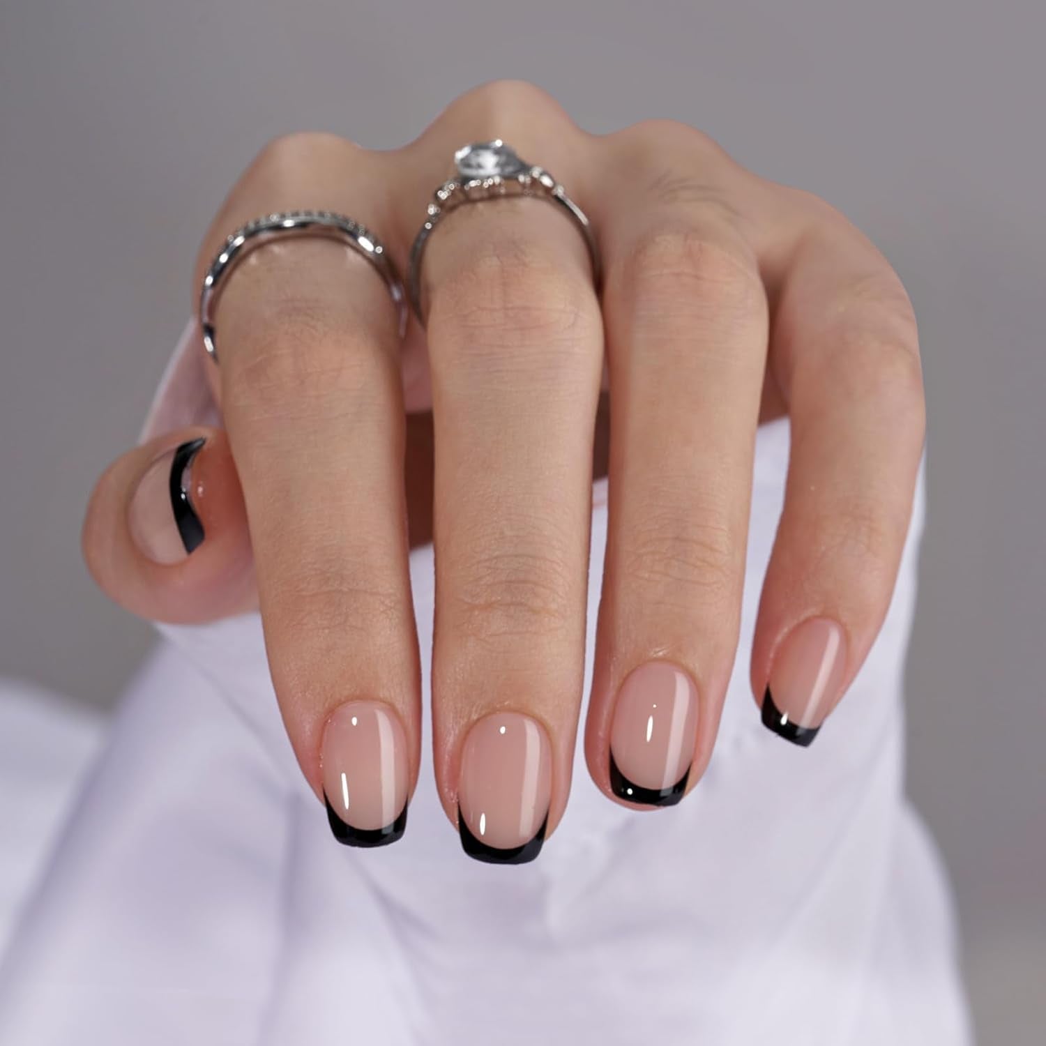 French Tip Press-On Jelly Square Nails - 32PCS Reusable Soft Gel Kit in 16 Sizes with Nail Glue, Classic Black