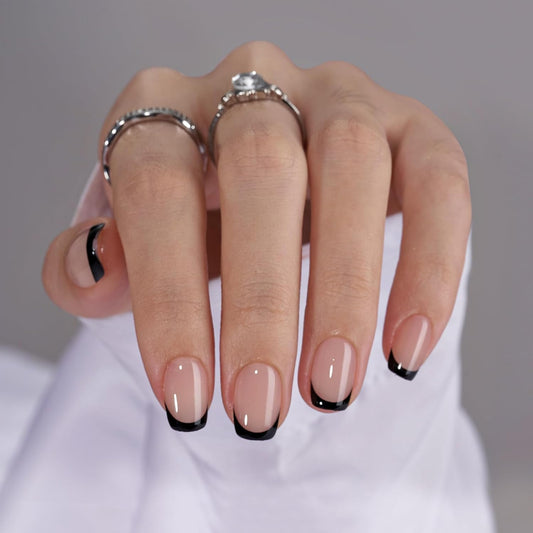 French Tip Press-On Jelly Square Nails - 32PCS Reusable Soft Gel Kit in 16 Sizes with Nail Glue, Classic Black
