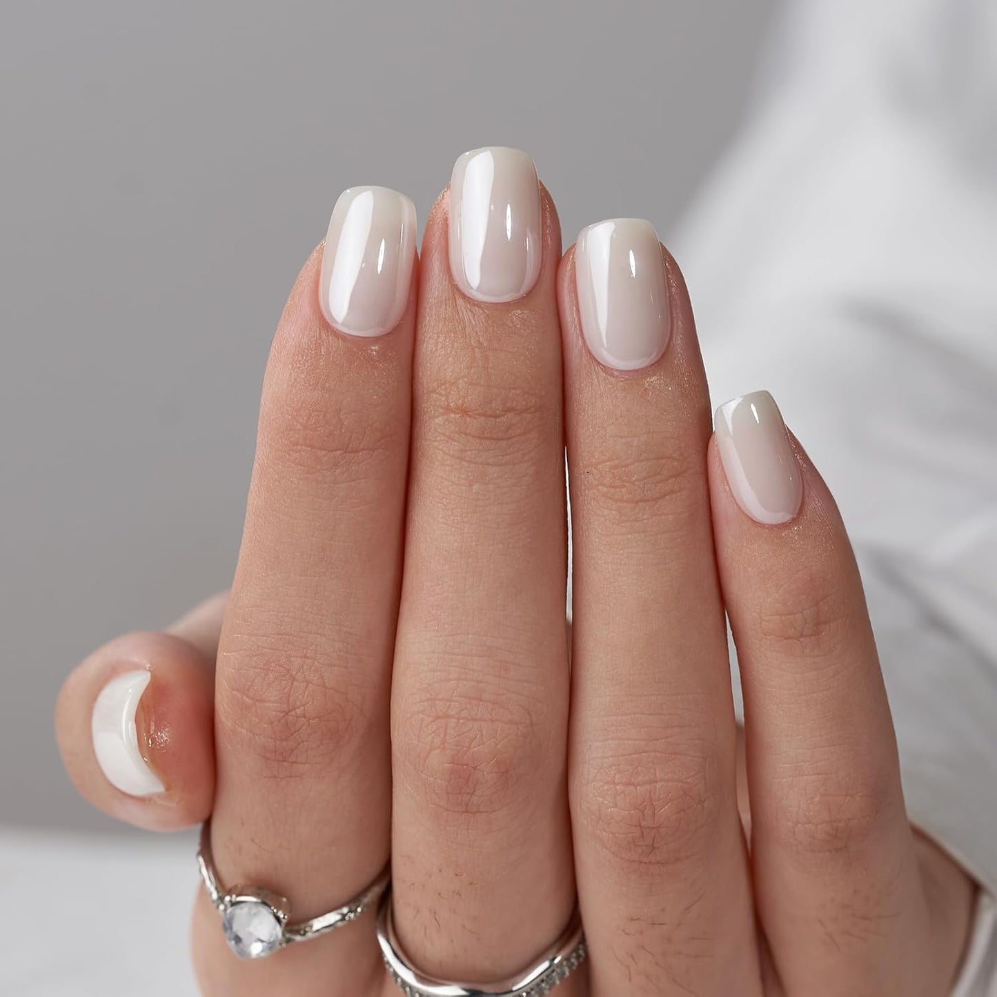 Short White Soft Gel Press-On Nails - Square Chrome Nail Tips, 30PCS Reusable Kit in 15 Sizes, Vanilla Glazed