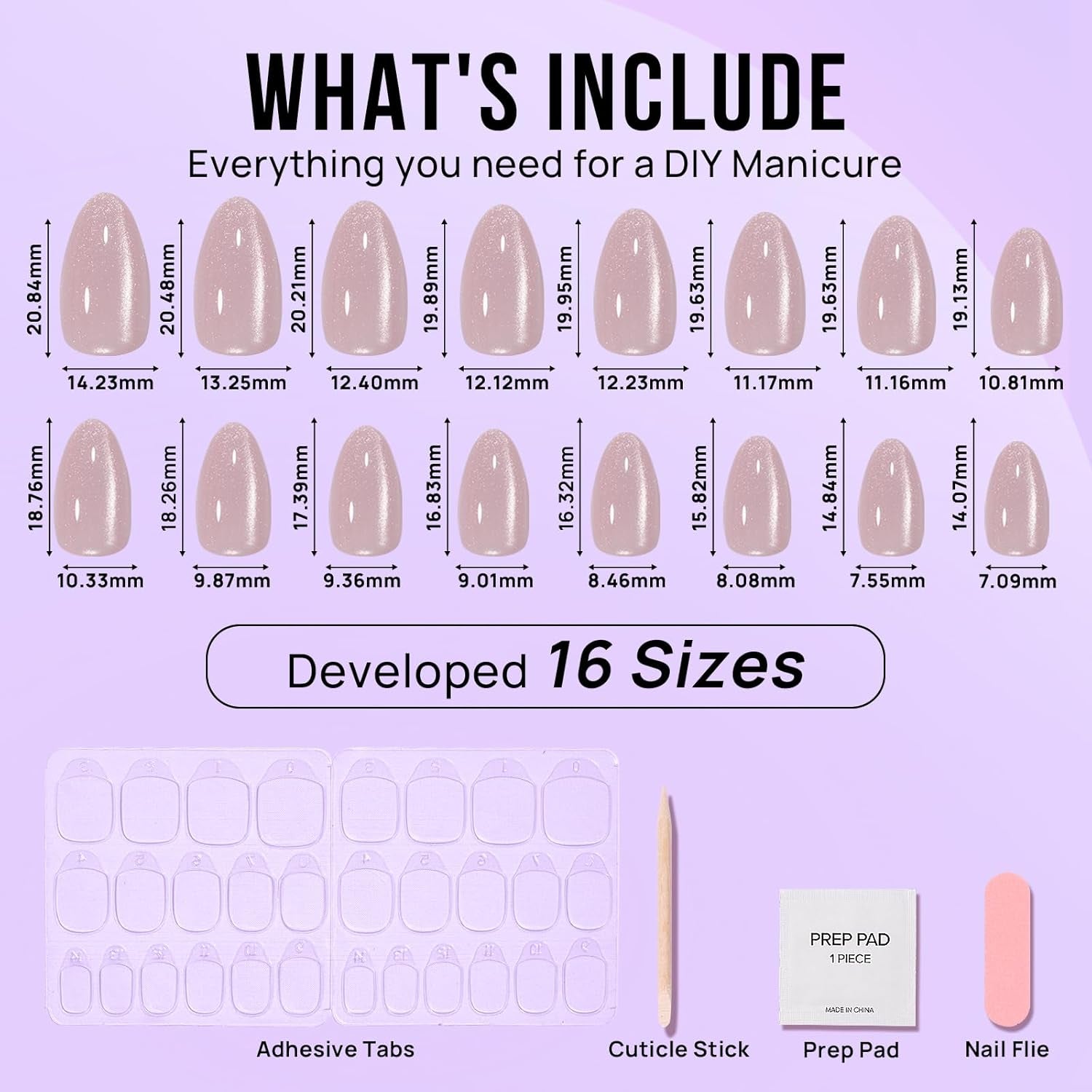 Almond Press-On Nails - Opaque Short Soft Gel Kit with Glue, 16 Sizes, Aurora Cat Eye Gift Idea