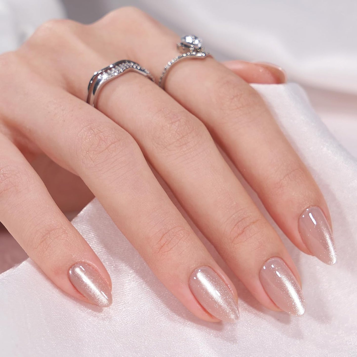 Almond Press-On Nails - Opaque Short Soft Gel Kit with Glue, 16 Sizes, Aurora Cat Eye Gift Idea