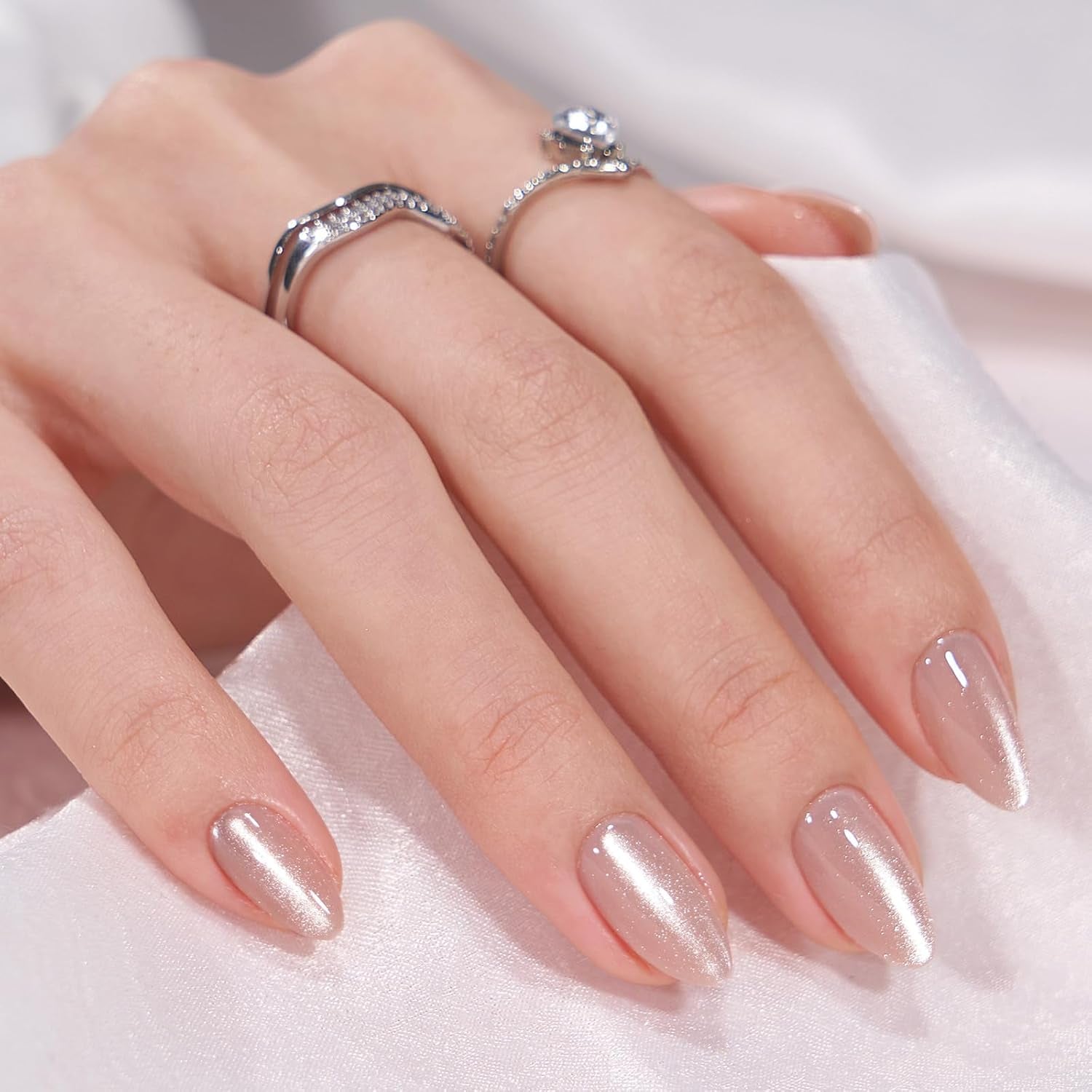 Almond Press-On Nails - Opaque Short Soft Gel Kit with Glue, 16 Sizes, Aurora Cat Eye Gift Idea