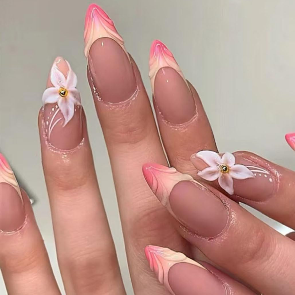 French Tip Almond Press-On Nails with 3D Flower Design - 24 Medium Acrylic Fake Nails