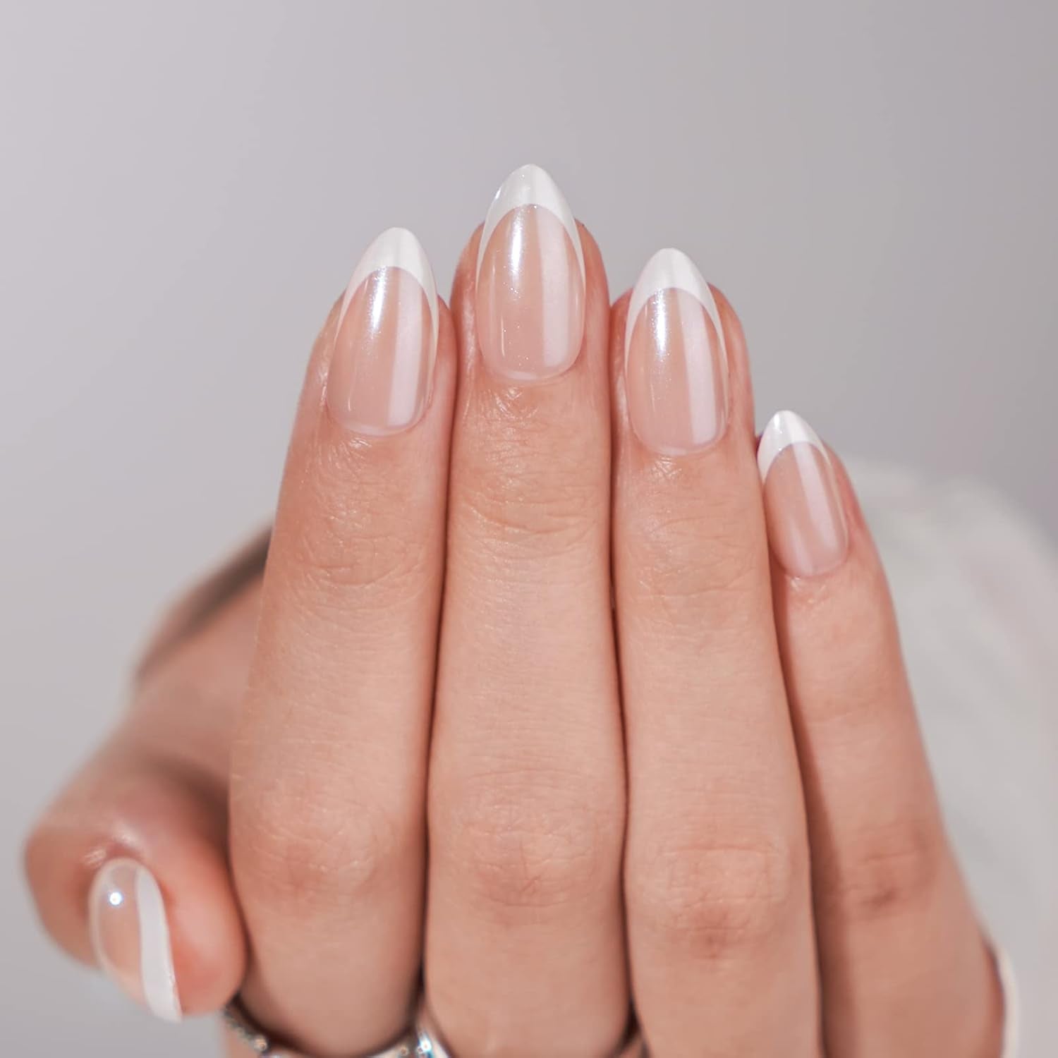 French Tip Press-On Nails - White Almond Medium, 30PCS Reusable Soft Gel Kit in 15 Sizes, Classic Gift for Women