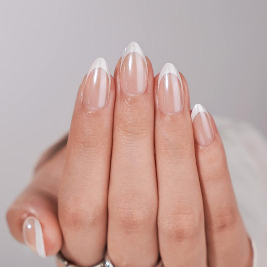 French Tip Press-On Nails - White Almond Medium, 30PCS Reusable Soft Gel Kit in 15 Sizes, Classic Gift for Women