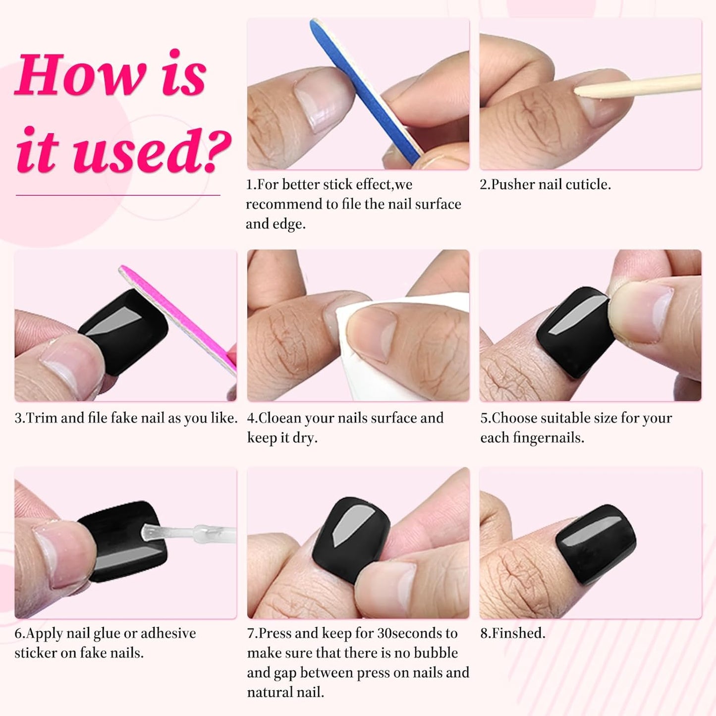 240PC Short Square Press-On Nails - Black Acrylic with Glue & Adhesive Tabs, Petite Fake Nails