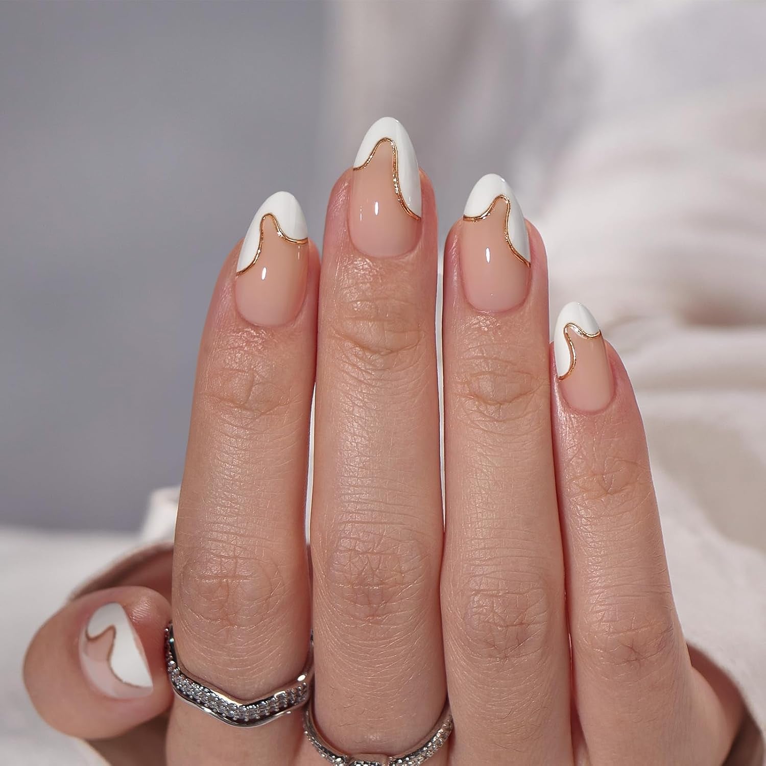 Almond Press-On Nails - White French Tip with Gold Foil, 30PCS Short Stick-On Kit in 16 Sizes for Winter Gifts, Tiny Golden