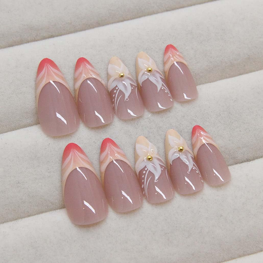 French Tip Almond Press-On Nails with 3D Flower Design - 24 Medium Acrylic Fake Nails
