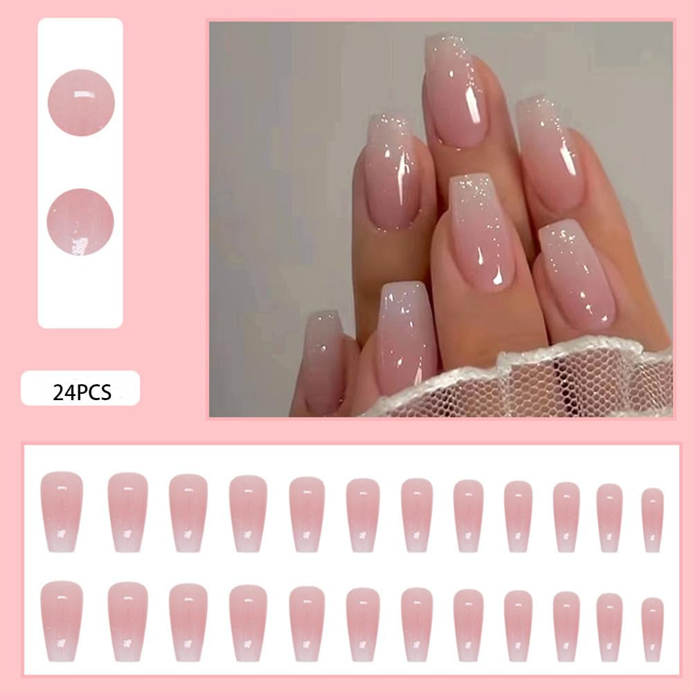 Long Square Press-On Nails - Pink Ombre Coffin Fake Nails with Glossy Glitter Powder, 24PCS for Women and Girls