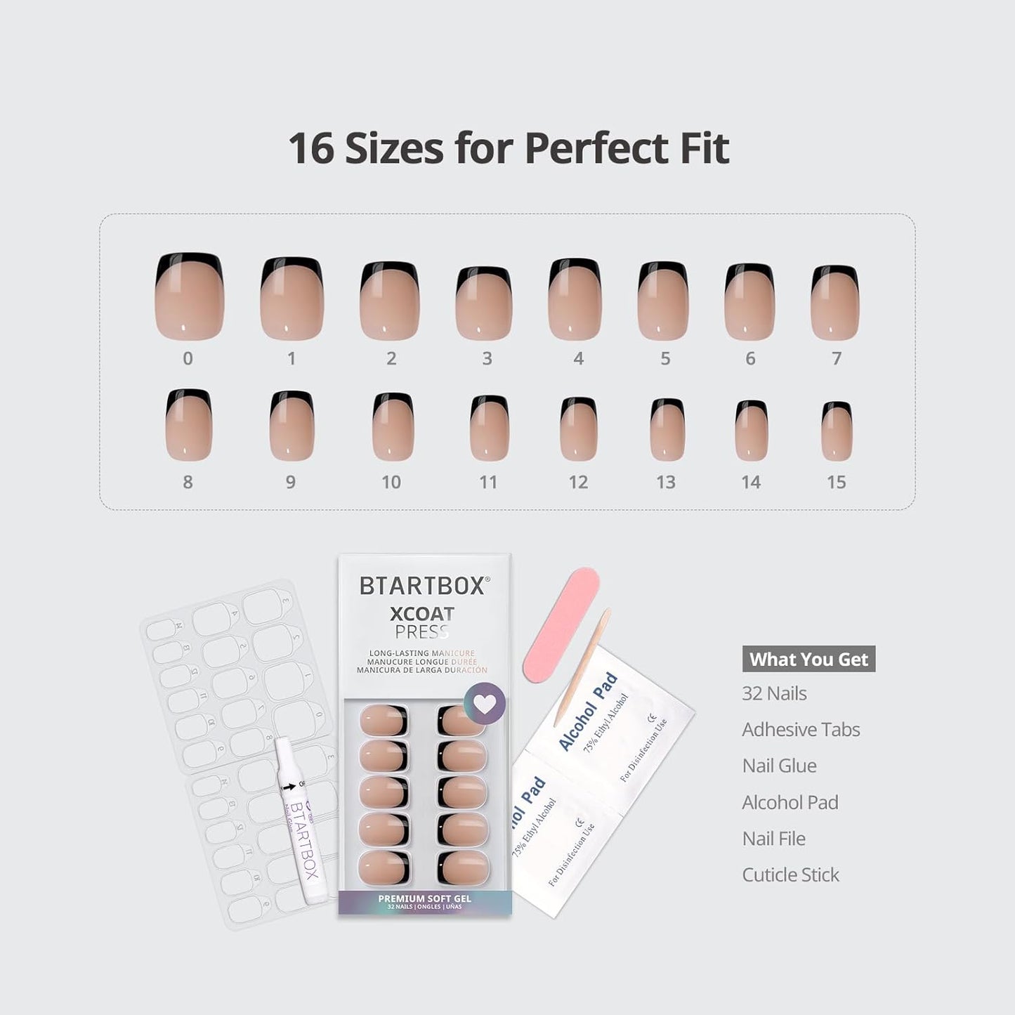 French Tip Press-On Jelly Square Nails - 32PCS Reusable Soft Gel Kit in 16 Sizes with Nail Glue, Classic Black