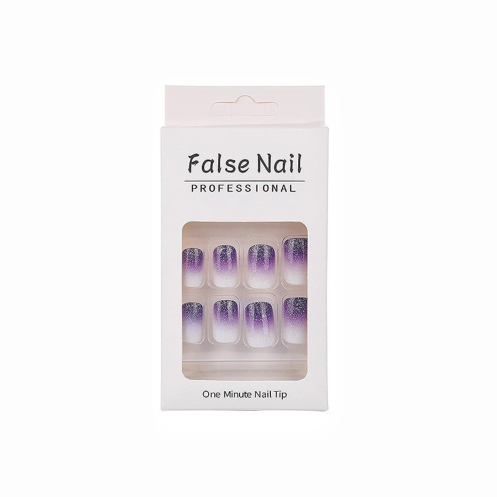 Square Press-On Nails with Purple Gradient Glitter - 24 Glossy Acrylic Nails for Women and Girls