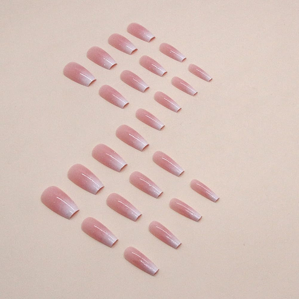 Long Square Press-On Nails - Pink Ombre Coffin Fake Nails with Glossy Glitter Powder, 24PCS for Women and Girls