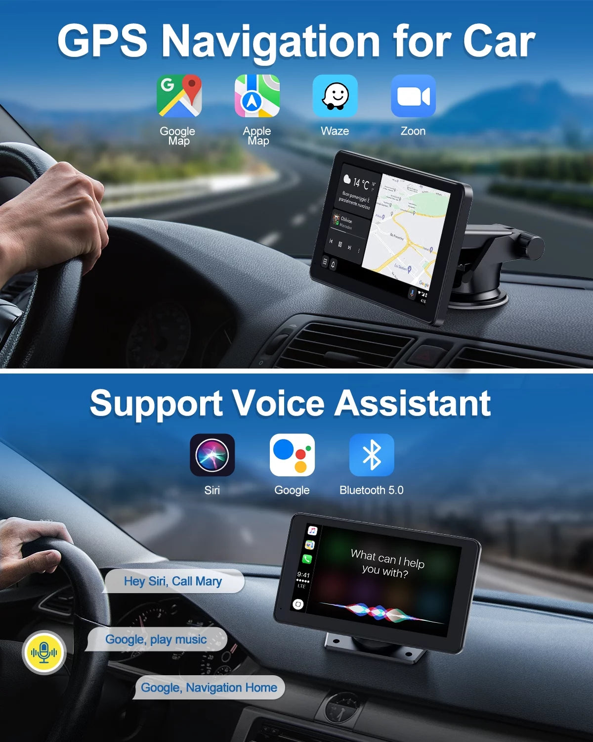 Portable 7 Inch Wireless Apple Carplay & Android Auto with Reverse Camera, 1080P HD Touchscreen GPS Navigation Car Stereo, Car Radio Receiver with Bluetooth, Mirror Link, FM, Siri