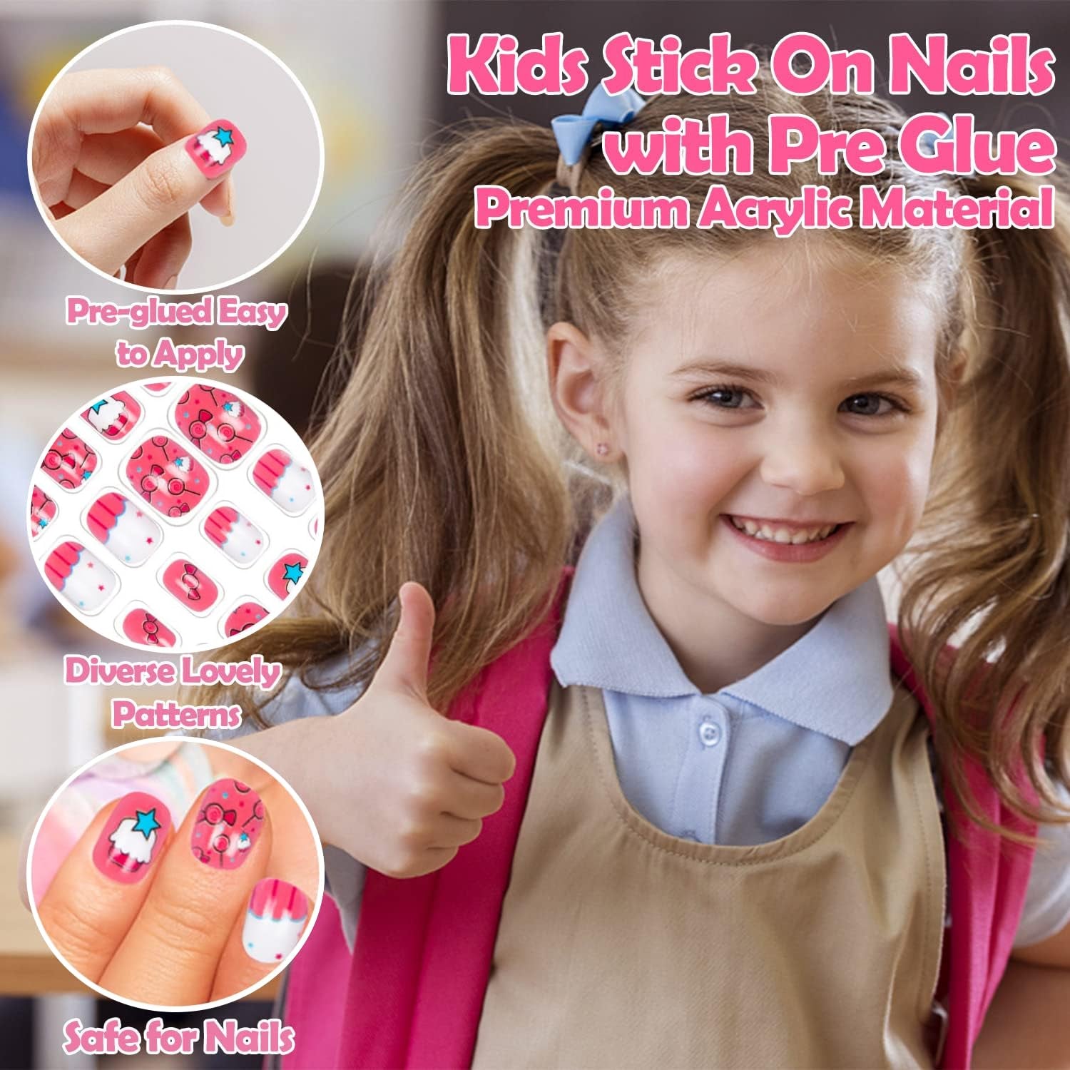 144PCS Press-On Nails for Kids - Cute Pattern Fake Nails for Girls, Nail Art Decoration