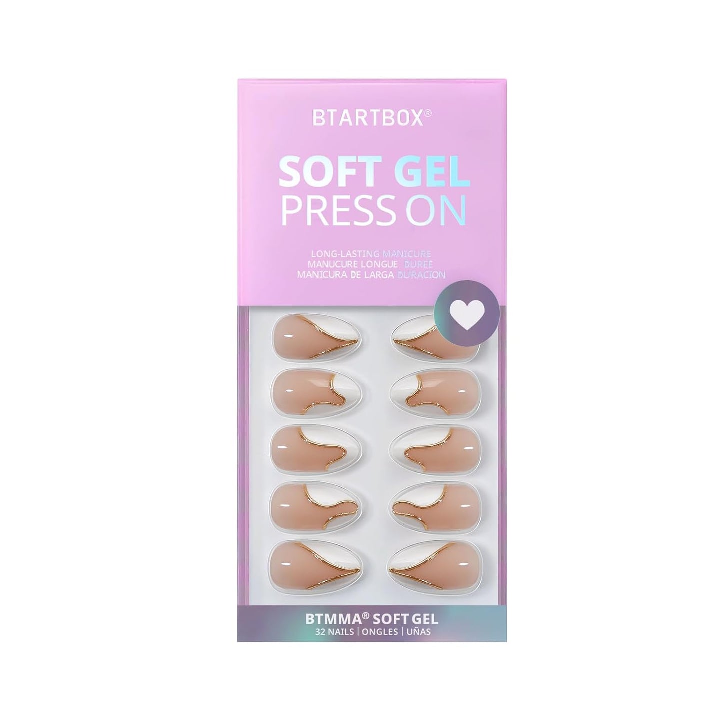 Almond Press-On Nails - White French Tip with Gold Foil, 30PCS Short Stick-On Kit in 16 Sizes for Winter Gifts, Tiny Golden