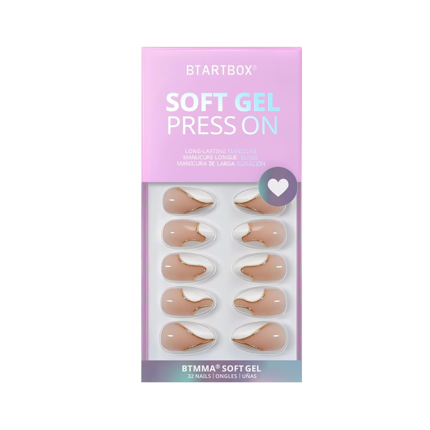 Almond Press-On Nails - White French Tip with Gold Foil, 30PCS Short Stick-On Kit in 16 Sizes for Winter Gifts, Tiny Golden