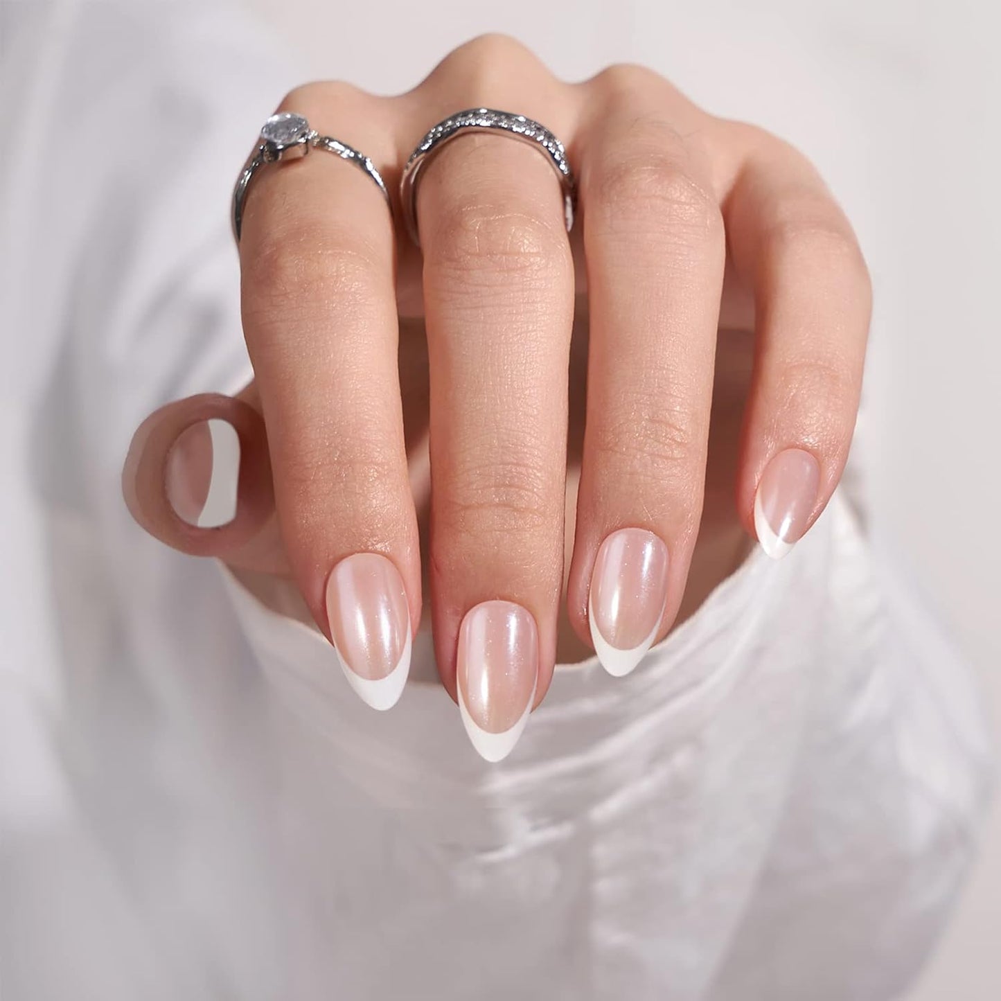 French Tip Press-On Nails - White Almond Medium, 30PCS Reusable Soft Gel Kit in 15 Sizes, Classic Gift for Women