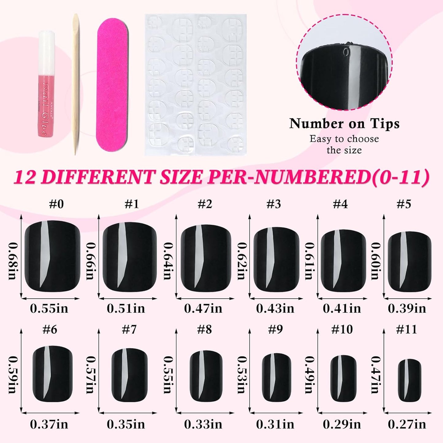 240PC Short Square Press-On Nails - Black Acrylic with Glue & Adhesive Tabs, Petite Fake Nails