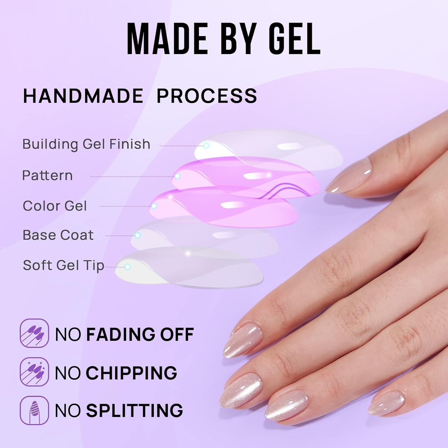 Almond Press-On Nails - Opaque Short Soft Gel Kit with Glue, 16 Sizes, Aurora Cat Eye Gift Idea