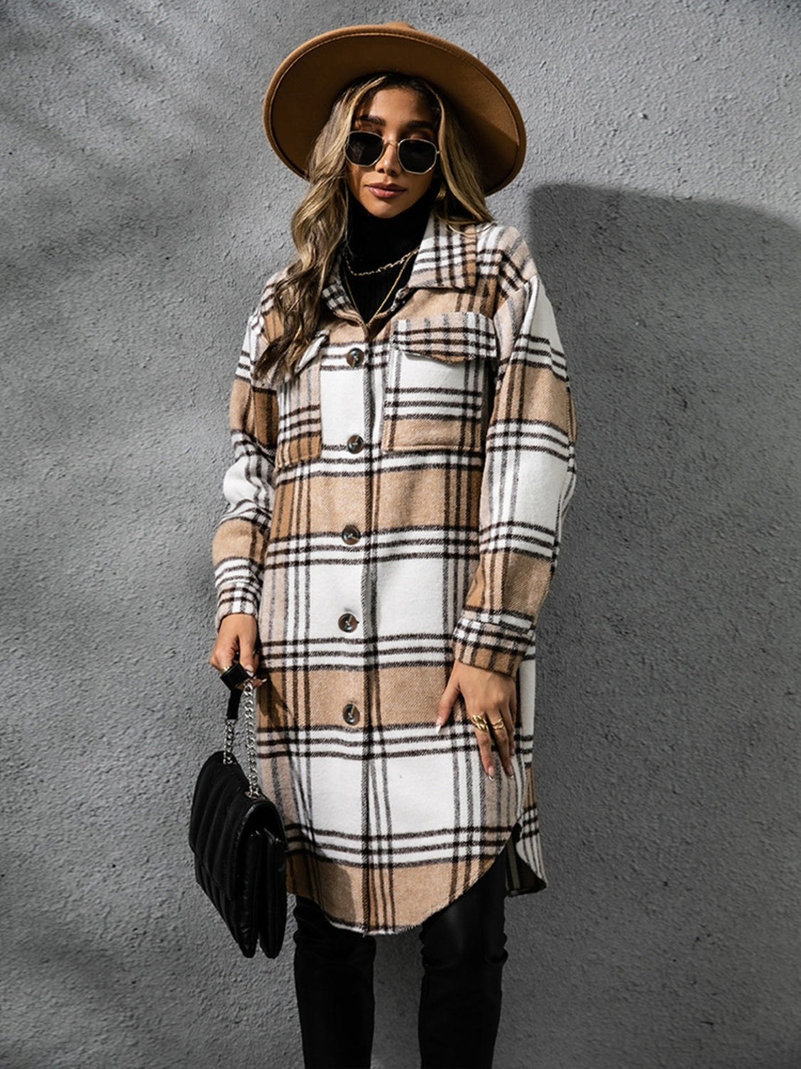 Collared Long Sleeve Coat - Plaid